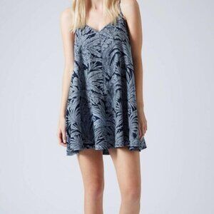 Topshop MOTO Tropical Palm Print Mini Swing Dress Sz 6 Blue Vacation Resortwear
